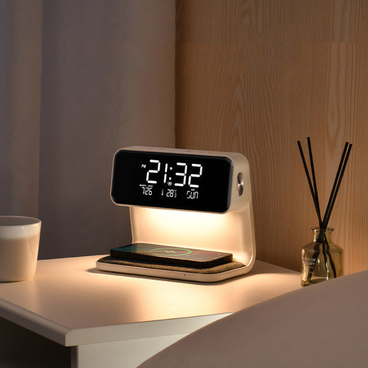 3-in-1 Bedside Lamp: Wireless Charger, LCD Screen Alarm Clock, and Phone Charger