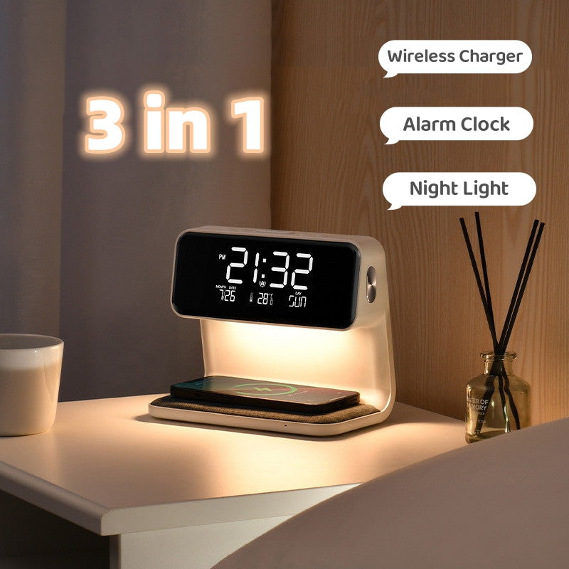 3-in-1 Bedside Lamp: Wireless Charger, LCD Screen Alarm Clock, and Phone Charger